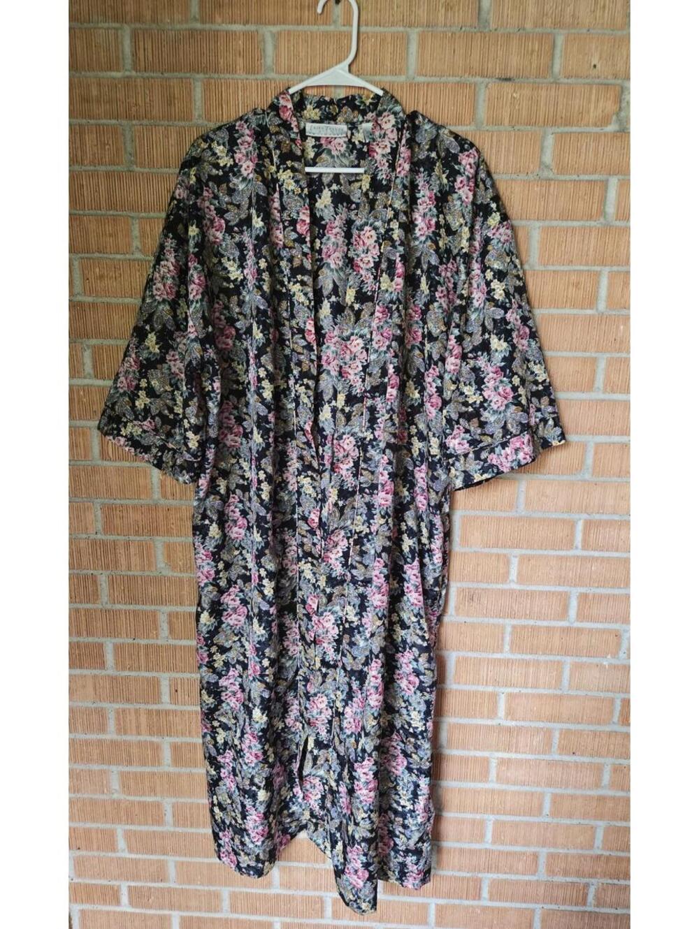 Vtg Erika Taylor Intimates Floral Satin Robe Long Black Kimono Sateen Lounge  M